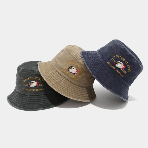Washed Cotton Bucket Hat USA Adler Stickerei Vintage Distressed Sonnenschutz Outdoor Packbarer Fischerhut