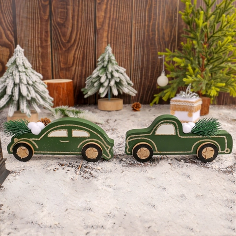Christmas Wooden Car Ornaments Miniature Green Truck Sedan With Xmas Tree Snowball Glitter Star Wheels Holiday Decor