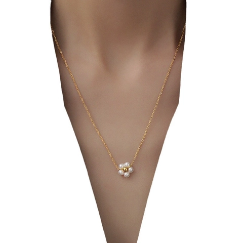 Bloem Hanger Ketting 18K Verguld Titanium Staal Witte Kunstparel Zoet Elegant Voor Dames