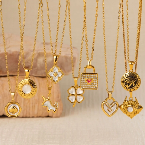 Stainless Steel Necklace Women Retro Chic Heart Clover Evil Eye Pendant Jewelry Mother Of Artificial Pearl Zirconia Gold Plated