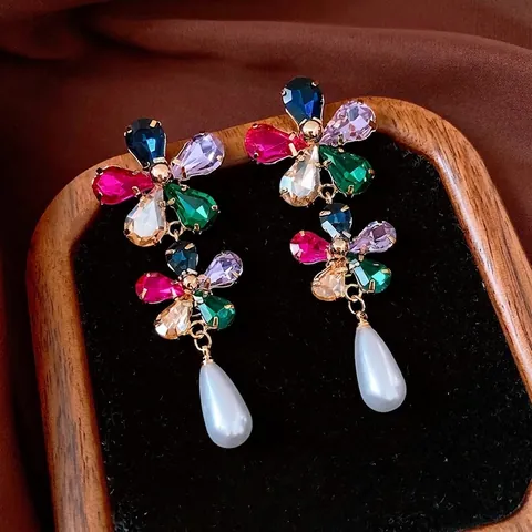 Vintage Flower Dangle Earrings With Colorful Crystal And Faux Artificial Pearl Gold Plated Copper For Women Silver Earring Post