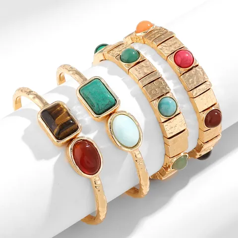 Bracciale Rigido In Metallo Martellato Vintage Con Pietra Occhio Di Tigre Turchese Per Donna Stile Medievale Gemma