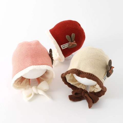 Baby Gebreide Muts Oorklep Winter Warm Winddicht Voering Van Kunstbont Konijnenoren Strik Riemen Peuter Prinsessenstijl