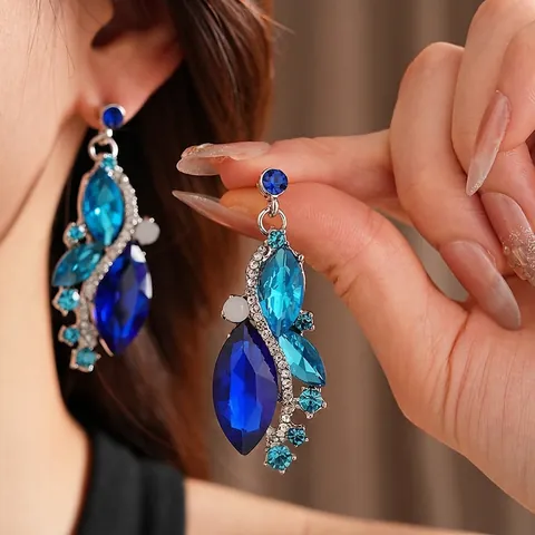 Orecchini Pendenti Vintage Marquise Con Strass Blu E Perno In Argento Gioielli Retrò Esagerati Goccia D'acqua Da Donna