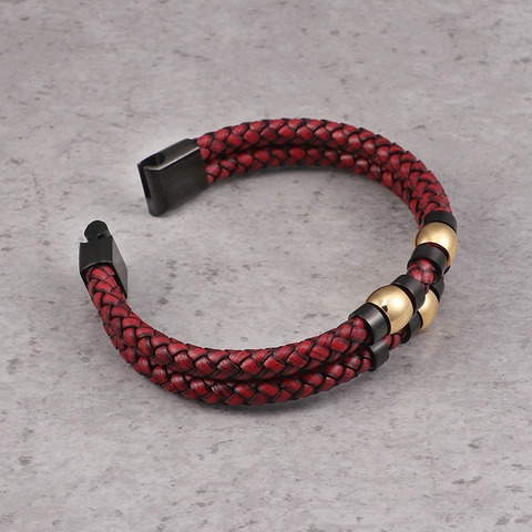 Bracciale Da Uomo In Pelle Intrecciata A Strati Con Perline In Acciaio Inossidabile E Chiusura Magnetica