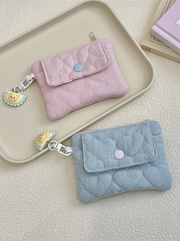 Mini Card Holder Coin Purse Quilted Polyester Fabric Heart Pattern Snap Button Zipper Pouch With Cute Bear Pendant