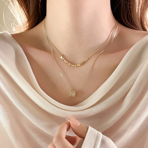 Double Layer Necklace 18K Gold Plated Copper Cubic Zirconia Cylindrical Pendant Geometric Cube Clavicle Chain Jewelry
