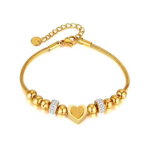 Herz Anhänger Armband Edelstahl Perlen Zirkonia Mattiert Schlangenkette Verstellbar Schmuck Damen Elegant