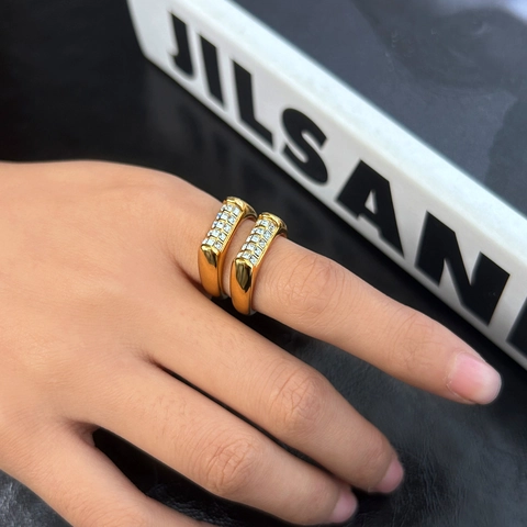 Double Row Square Zircon Stainless Steel Ring 18K Gold Plated Light Luxury Retro Minimalist Band For Women