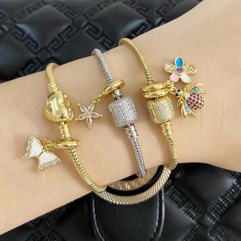 Snake Chain Charm Bracelet Copper 18K Gold Plated Butterfly Bee Star Pendant Shell Cubic Zirconia Jewelry For Women