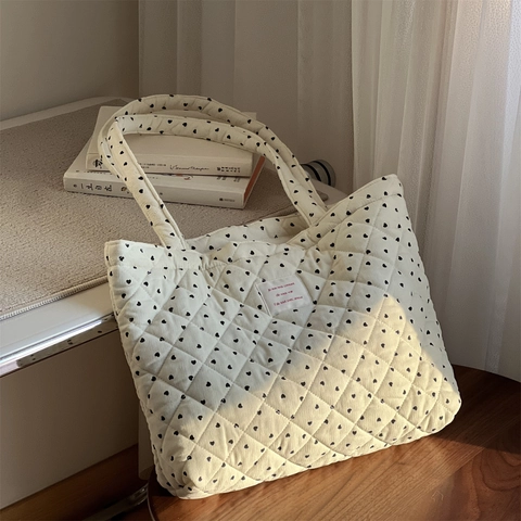 Sac Fourre-tout Matelassé En Velours Côtelé Grande Capacité Imprimé Coeur Floral Sac À Épaule Femme Décontracté Élégant