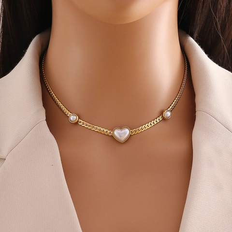 Collana Bracciale E Orecchini Con Pendente A Cuore Intarsio In Madreperla Acciaio Inossidabile Placcato Oro Catena Curb Donna