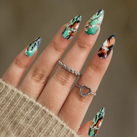 Long Almond Stiletto Press On Nails Artificial False Nails Forest Deer Animal Floral Pattern Detachable Glue For Women