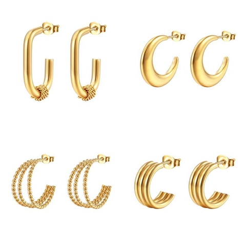 Minimalist Stainless Steel C-Shape Hoop Earrings Geometric Twisted Braided Mesh Design Gold Silver Tone For Women