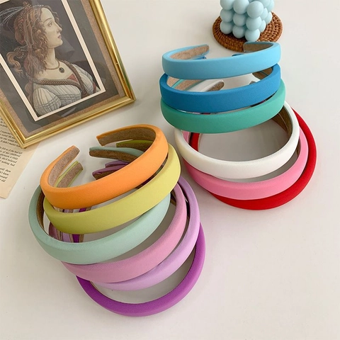 Padded Sponge Headband For Women Candy Color Thickened Fabric Hair Band Solid Retro Non-Slip Wide Accessory