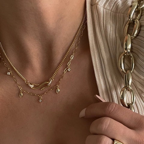 Snake Pendant Necklace Zircon Gold Plated Copper Vintage Animal Style Paperclip Chain Jewelry For Women