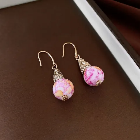 Vintage Alloy Rhinestone Necklace With Pink Marble Resin Beads Retro Clavicle Chain For Women Jewelry