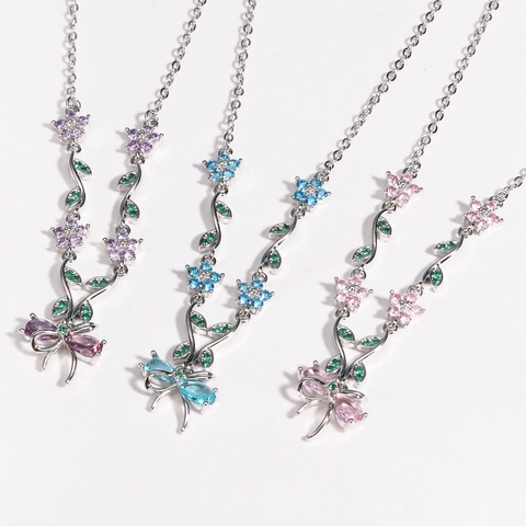 Collana Fiore Farfalla Fiocco Rame Placcato Oro Zirconia Cubica Vite Floreale Stile Giardino Gioielli Per Donne