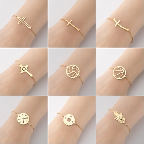 Minimalist Stainless Steel Pendant Bracelet Dainty Cross Heart Tree Of Life Adjustable Chain Jewelry For Women