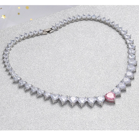 Heart Cubic Zirconia Tennis Necklace Copper Gold Plated Pink Zircon Heart Pendant Romantic Jewelry For Women Gift