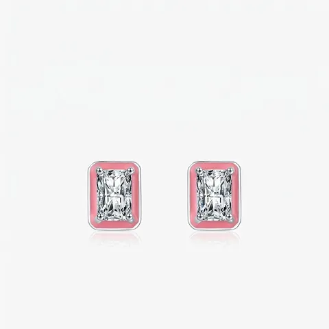 Orecchini A Lobo Geometrici Con Zircone Rettangolare In Argento Sterling 925 Con Bordo In Smalto Rosa Per Donna