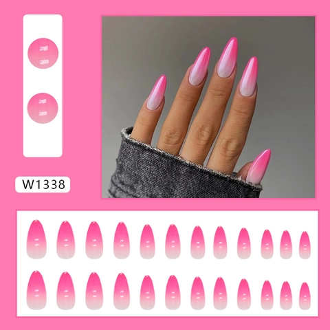 Faux Ongles Press On Forme Amande Dégradé Rose Blanc Ombre Brillant Style Doux Pour Femmes