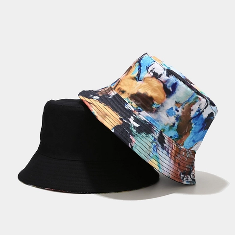 Chapeau Bob Réversible Coton Imprimé Graffiti Abstrait Pliable Protection Solaire Extérieur Streetwear Hommes Femmes