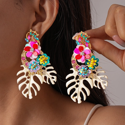 Boho Bunte Pailletten Blume Monstera Blatt Ohrhänger Mit 925 Sterling Silber Ohrstecker Strass Statement Damen Modeschmuck