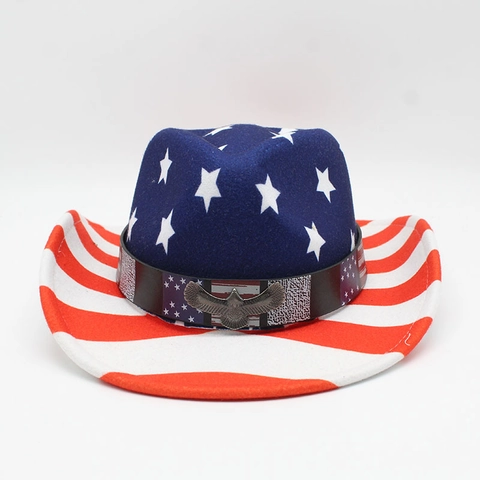 Patriotischer Amerikanische Flagge Western Cowboyhut Baumwolle Polyester Filz Sterne Und Streifen Mit Metall Adler Für Party