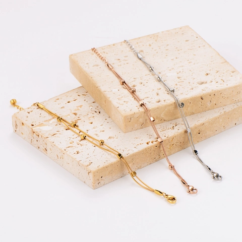 Pulsera De Doble Capa Con Cadena De Serpiente Y Cuentas De Cubo Geométricas Acero Inoxidable Joyería Minimalista Para Mujer