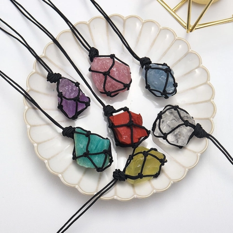 Collar Con Colgante De Piedra Natural En Bruto Malla Trenzada A Mano Gema Irregular Cristal Curativo Joyería Unisex
