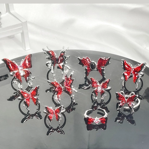 Anello Aperto Farfalla Rame Smalto Rosso Nero Gotico Punk Gioielli Regolabili Per Donna