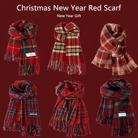 Christmas Red Plaid Scarf For Women Winter Warm Soft Tassel Scarf Knit Argyle Neck Warmer British Style New Year Gift