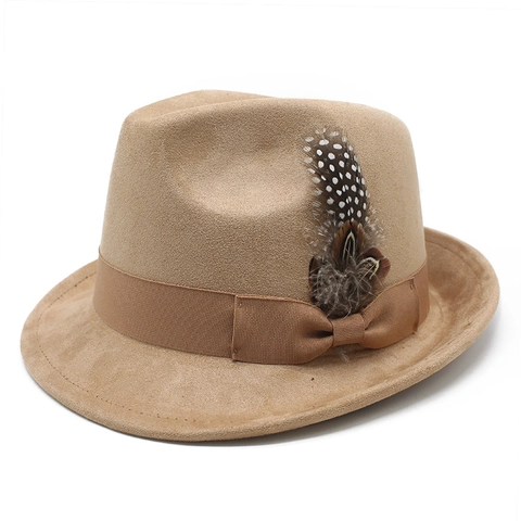 Fedora Hoed Vintage Suède Polyester Vilt Met Gevlekte Veer Lint Brede Rand Retro Britse Stijl