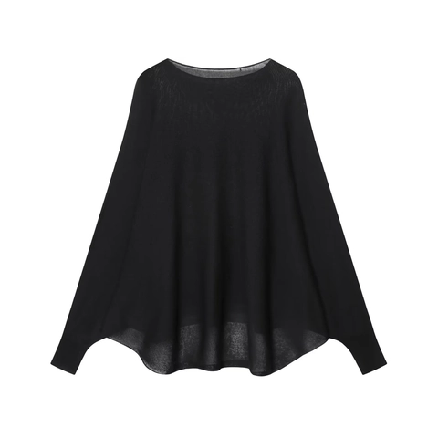Women Batwing Sleeve Knitted Sweater Irregular Hem Loose Fit Boat Neck Solid Color Polyester Acrylic Pullover Top