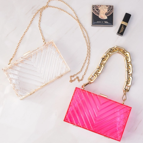 Transparente Abendtasche Aus Acryl Mit Chevron Textur Abnehmbare Metallkette Für Damen Party Hochzeit Eckige Tasche
