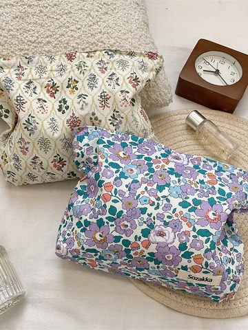 Floral Cotton Makeup Bag Zippered Travel Toiletry Pouch Portable Cosmetic Storage Organizer Fresh Vintage For Women