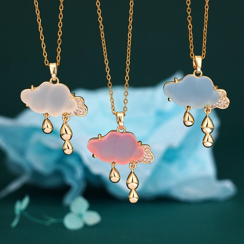 Collana Con Pendente A Nuvola E Goccia Di Pioggia Rame Placcato Oro Con Zirconia E Resina Traslucida Per Donna Gioielli