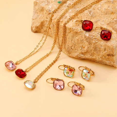 Stainless Steel Gold Plated Square Crystal Pendant Necklace And Hoop Earrings For Women Fashion Elegant Jewelry Accessory