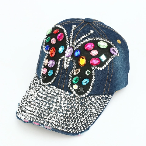Cappello Da Baseball Farfalla Strass Denim Cotone Distressed Bling Cappello Da Sole Per Donna Moda Streetwear