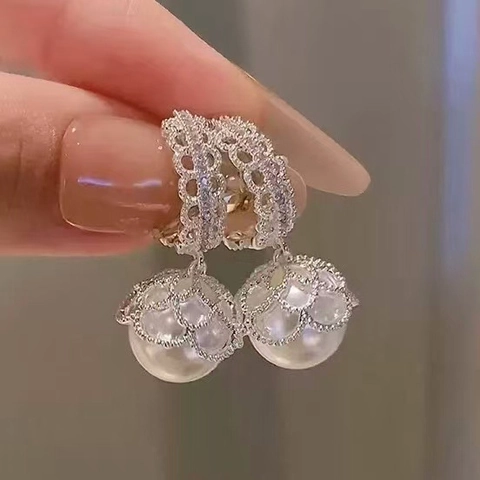 Pendientes De Perlas Artificiales De Imitación Elegantes Vintage Con Zircón Encaje Hueco Joyas De Cobre Chapado En Oro Para Mujer