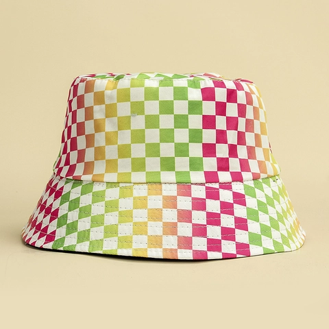 Harajuku Rainbow Checkerboard Bucket Hat Cotton Canvas Sun Protection Outdoor Summer Fisherman Cap Unisex