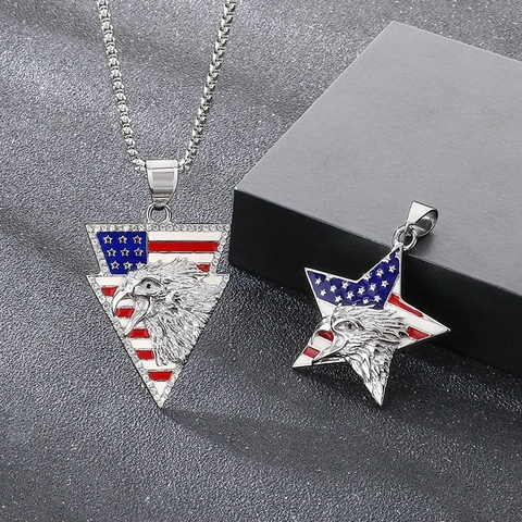 Patriotic US Flag Eagle Head Pendant Necklace Stainless Steel Enamel Star Triangle Hip Hop Punk Jewelry For Men