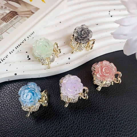 Pince À Cheveux Fleur Rose Mini Alliage Résine Paillettes Feuilles Strass Douce Élégante Accessoire Cheveux Femmes