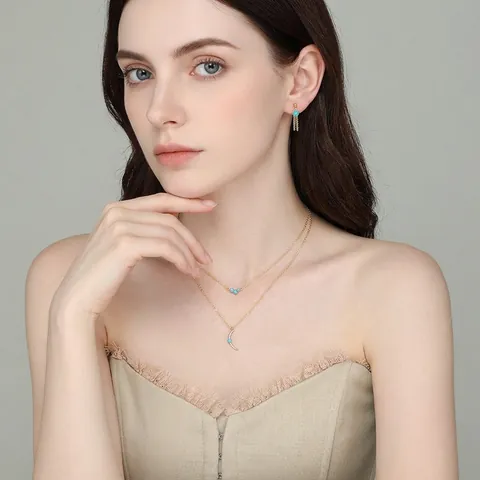 925 Sterling Silver Turquoise Zirconia Jewelry Set French Light Luxury Crescent Moon Necklace Tassel Earrings For Women Gold Plated Jewelry Set