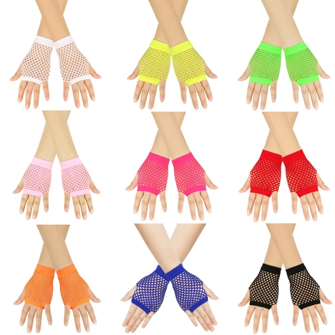 Gants Résille Sans Doigts Courts Nylon Acrylique Élastique Maille Ajouré Rétro Punk Disco Partie Costume