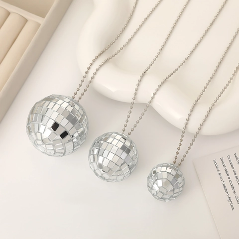 Collana Con Pendente Palla Da Disco Retro Punk Vetro Specchio Riflettente Lunga Catena A Sfere Per Festa Di Natale Accessorio Club