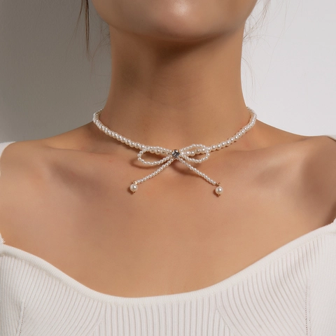Elegant Bowknot Imitation Artificial Pearl Necklace Alloy Rhinestone Tassel Choker Fashion Jewelry For Women