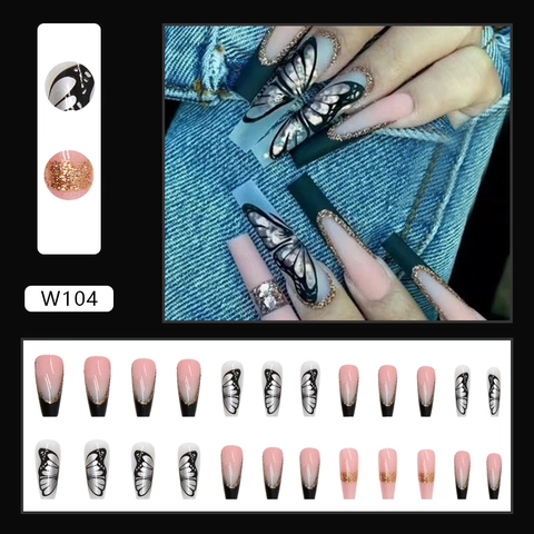 Faux Ongles Long Cercueil Motif Ailes Papillon Noir Dégradé Rose Avec Paillettes Dorées Finition Mate Beauté Femme