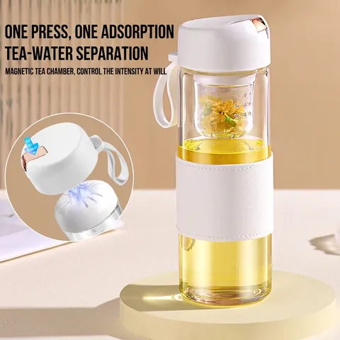 Botella De Agua De Vidrio Borosilicato Con Filtro Infusor De Té Magnético Funda Cuero Portátil Viaje Oficina Resistente Calor Moderna